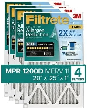 Filtrete 20x25x1 Air Filter MPR 1200D MERV 11, Allergen Reduction Plus Dust, 4-Pack Filters (exact dimensions 19.81x24.81x0.81)