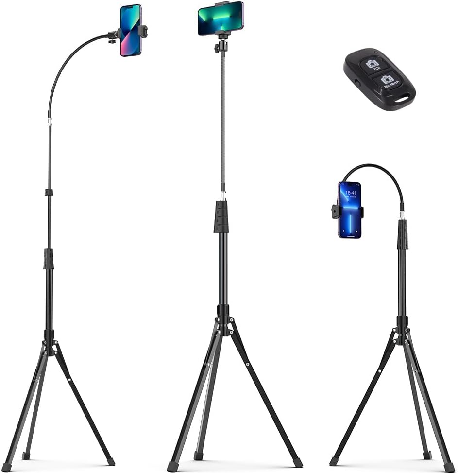 Eicaus 92'' Tall Phone Tripod Stand - Flexible Gooseneck, Remote, Adjustable Ball Head, iPhone 15/14/13/12/11, Android