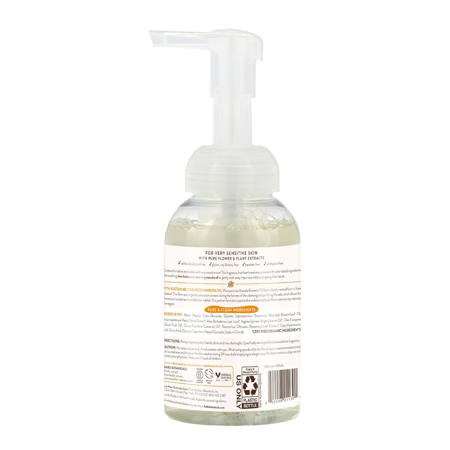 Babo Botanicals Baby Foaming Hand Soap - Fragrance-Free with Manuka Oil, Shea Butter & Aloe Vera - Sensitive Skin