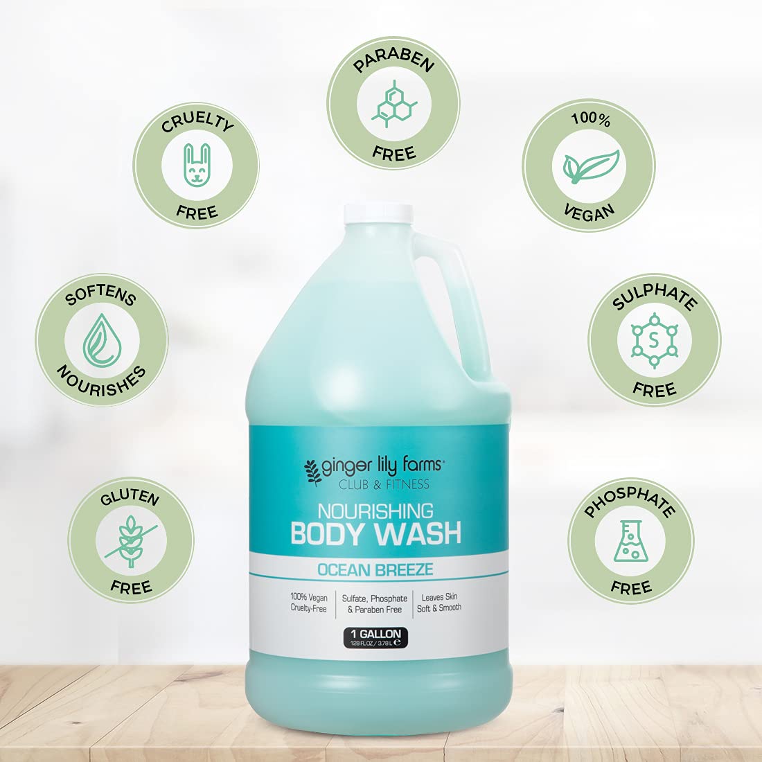 Ginger Lily Farms Club & Fitness Nourishing Body Wash - Ocean Breeze Scent - 100% Vegan & Cruelty-Free - 1 Gallon Refill
