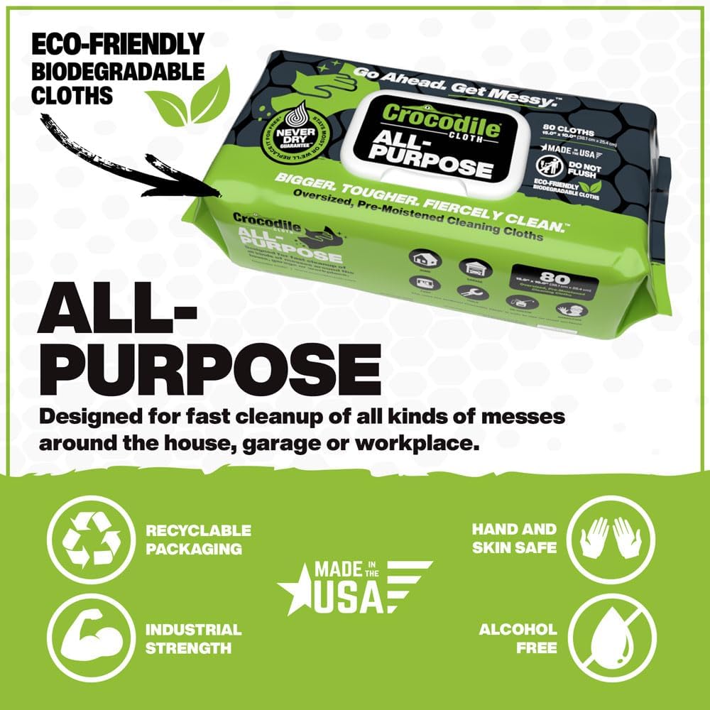 Crocodile Cloth Household Cleaning Wipes - 80 Heavy-Duty Biodegradable Wipes, Multipurpose Cleaner