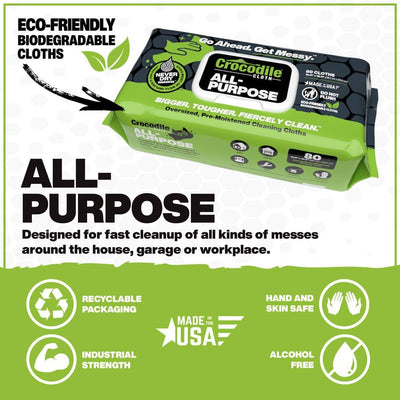 Crocodile Cloth Household Cleaning Wipes - 80 Heavy-Duty Biodegradable Wipes, Multipurpose Cleaner