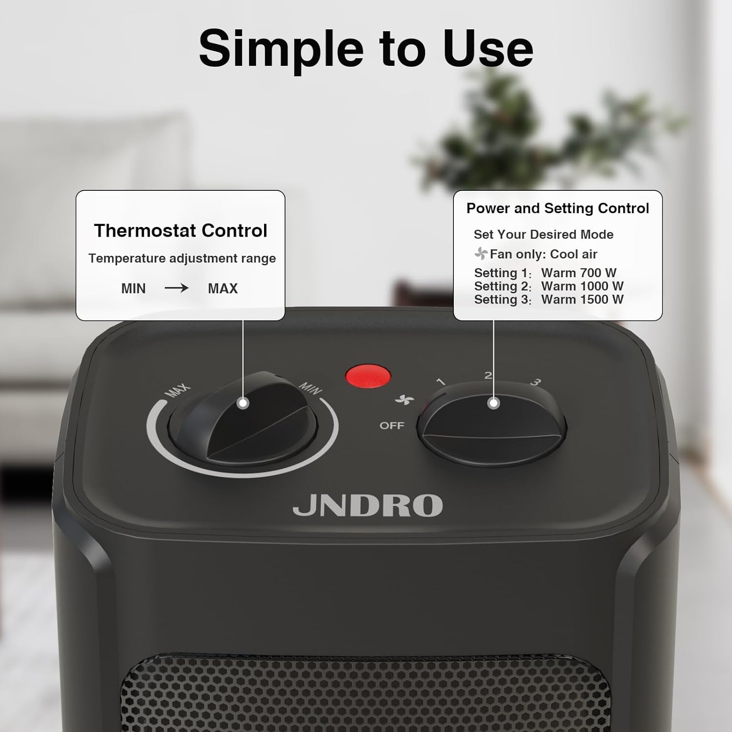 Portable Electric Space Heater - 1500W/750W, Safe & Quiet, Ceramic Mini Heater with Thermostat