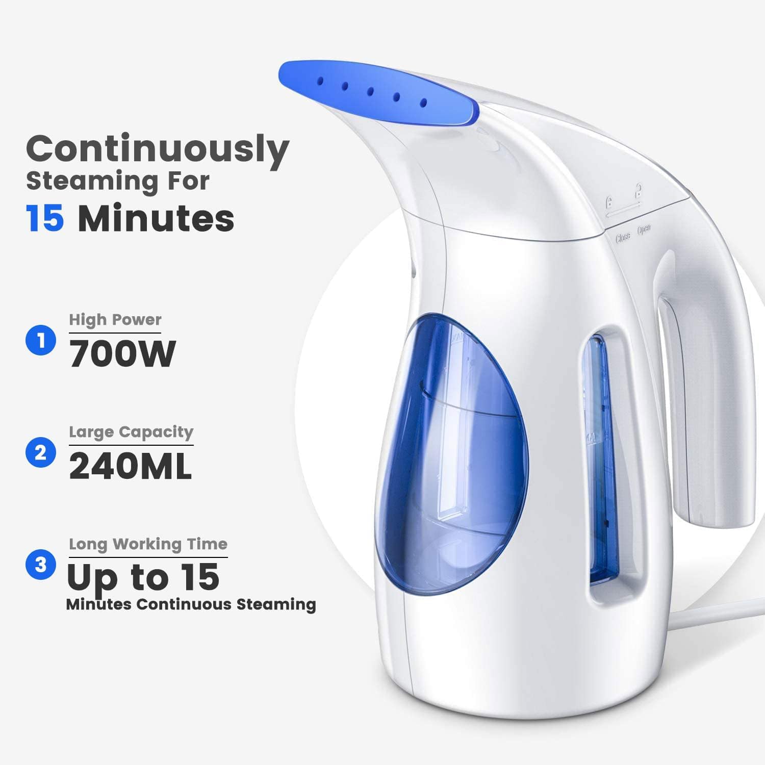 HiLIFE Steamer for Clothes, Portable Handheld Design, 240ml Big Capacity, 700W, Strong Penetrating Steam, Removes Wrinkle, for Home, Office and Travel(ONLY FOR 120V) (Blue)