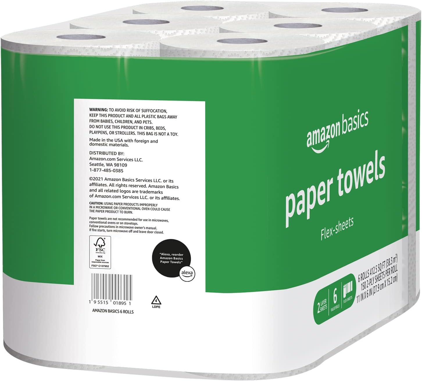 2-Ply Paper Towels, Flex-Sheets, 150 Sheets per Roll, 12 Rolls (2 Packs of 6), White