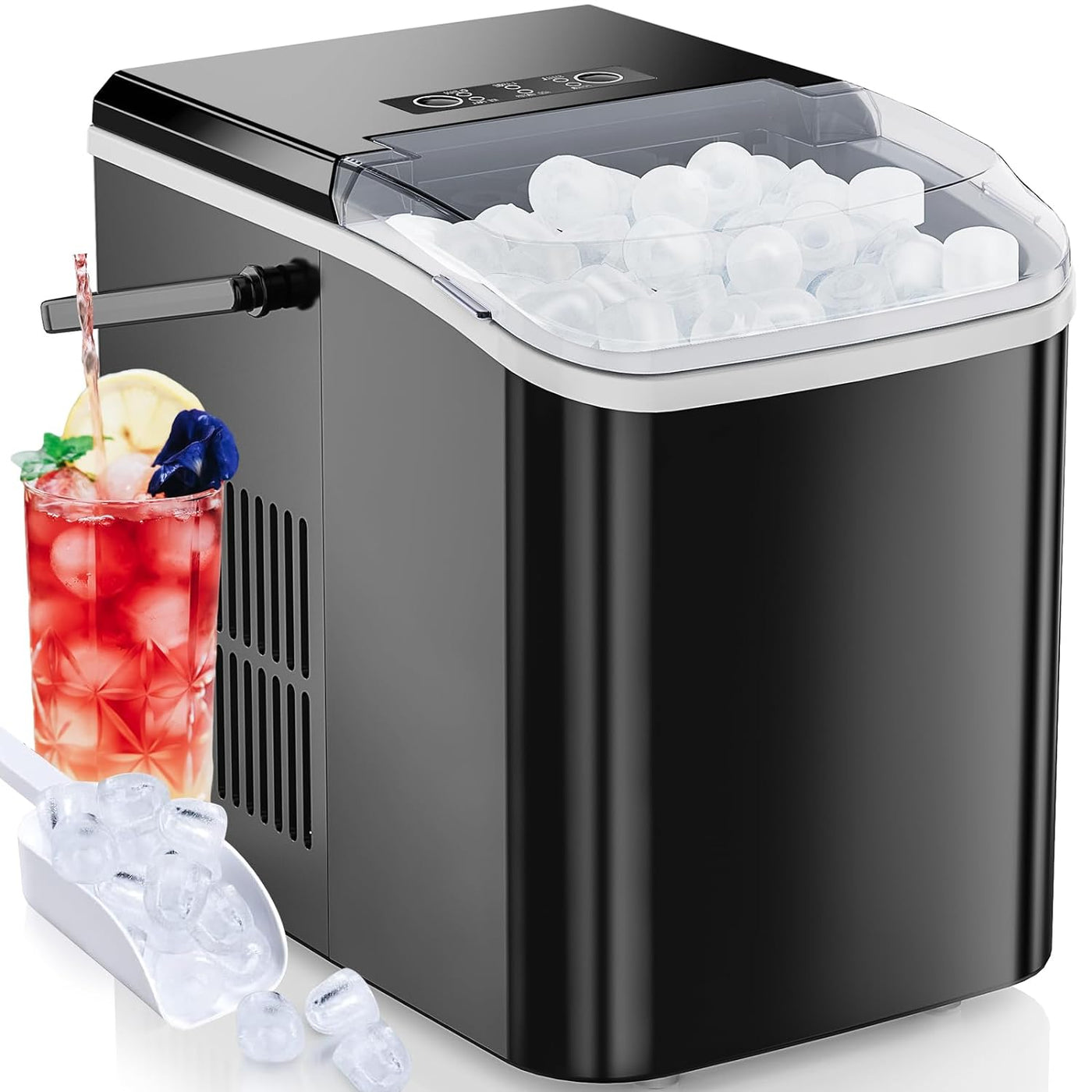 DUMOS Portable Ice Maker - Self-Cleaning, 26.5lbs/24Hrs, 2 Sizes, with Scoop, Basket, Black