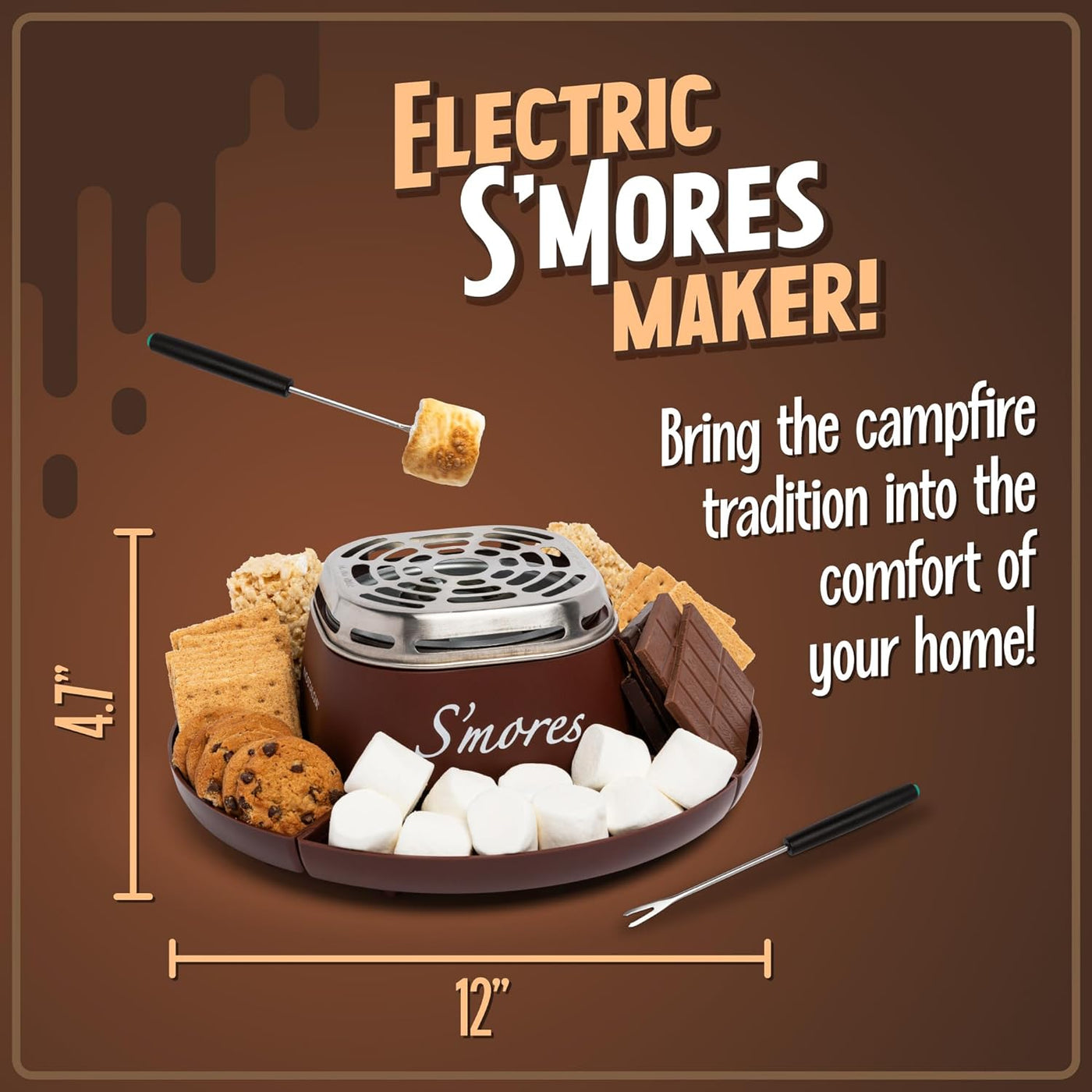 Nostalgia Tabletop Electric S'mores Maker - Roasting Sticks, 4 Trays, Movie Night Kit, Brown