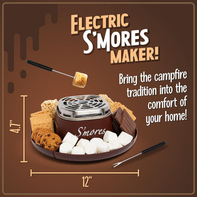 Nostalgia Tabletop Electric S'mores Maker - Roasting Sticks, 4 Trays, Movie Night Kit, Brown