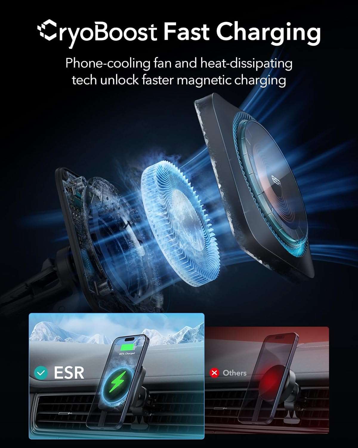 ESR MagSafe Car Mount Charger - CryoBoost Cooling, Fast Wireless Charger for iPhone 15/14/13/12