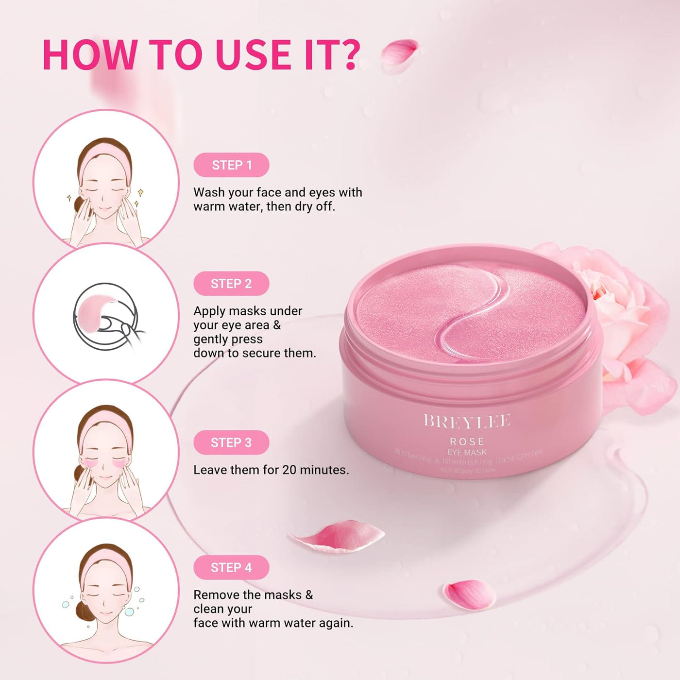 BREYLEE Rose Eye Mask– 60 Pcs, Under Eye Patches,Eye Patches For Puffy Eyes,Hydrates, Improves And Firms The Eye Area, Suitable For Both Women And Men.