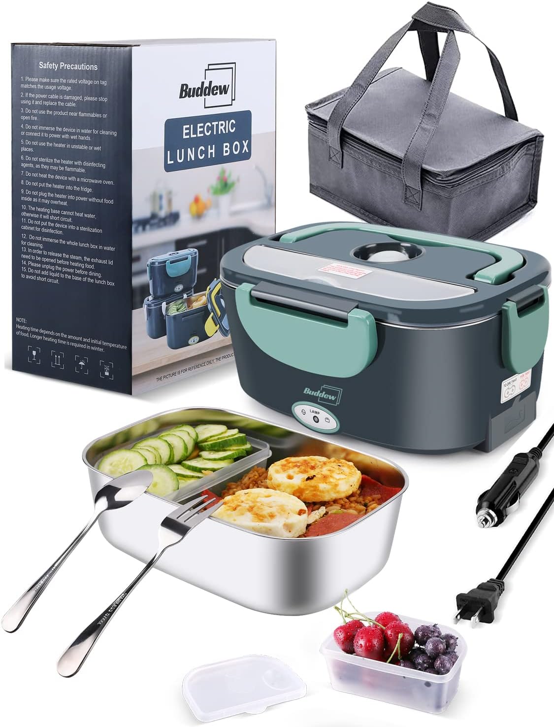 Buddew Electric Lunch Box 80W - Portable Food Heater, Upgraded, Car/Truck/Office, SS Fork & Spoon, Green