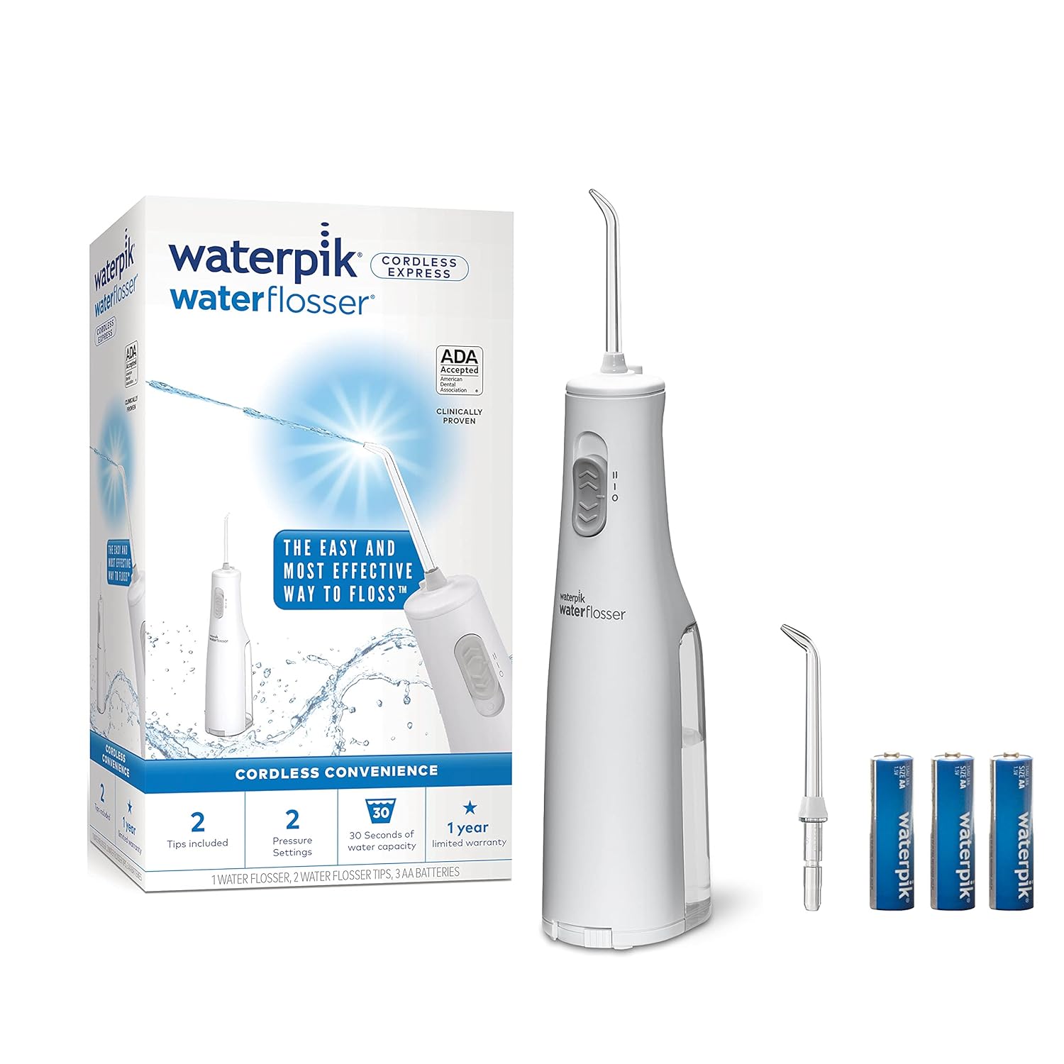 Waterpik Cordless Water Flosser, Battery Operated & Portable for Travel & Home, ADA Accepted Cordless Express, White WF-02