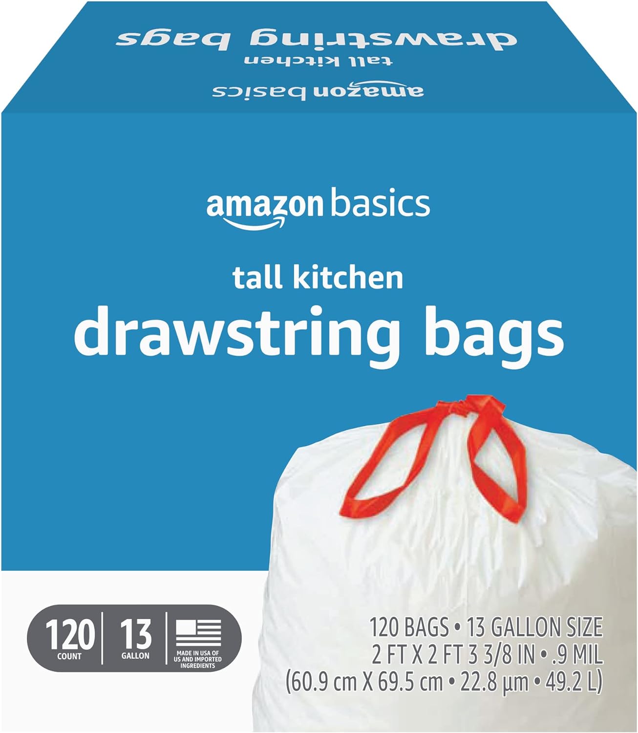 Tall Kitchen Drawstring Trash Bags, 13 Gallon, Unscented, 120 Count (Previously Solimo)