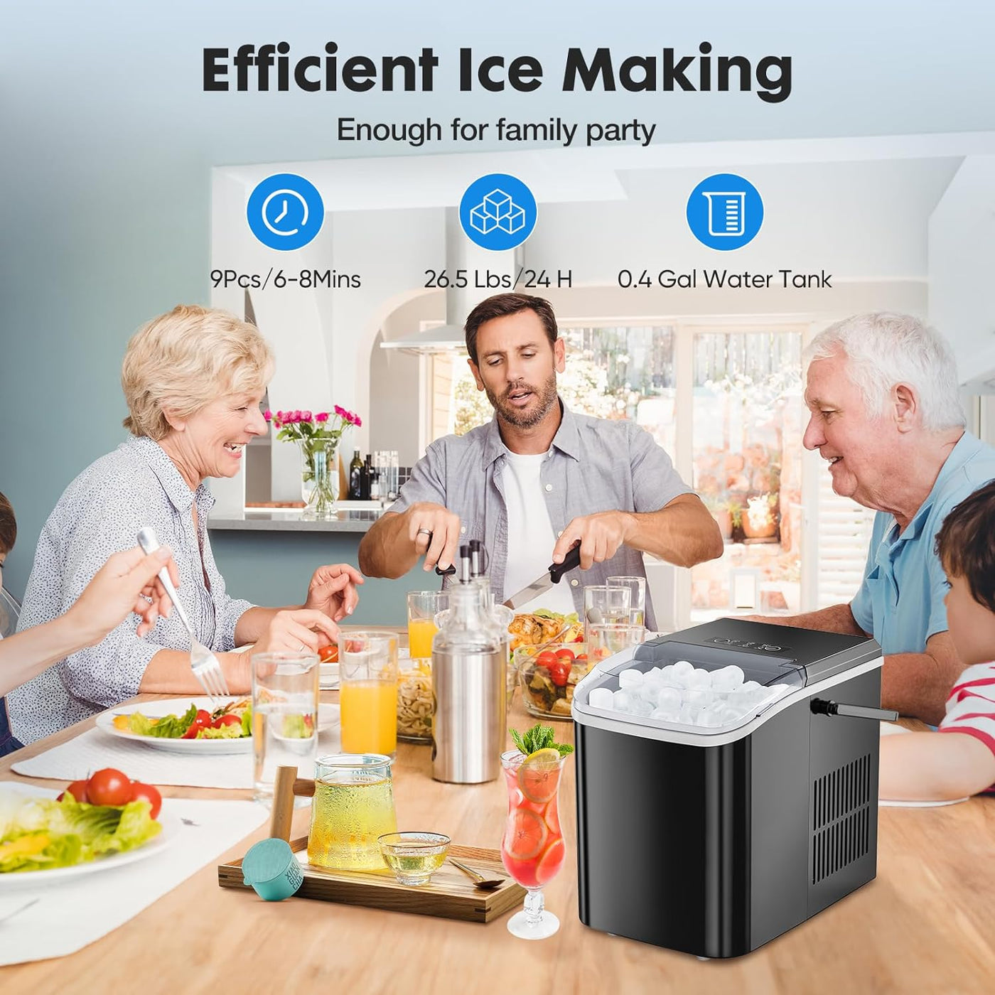 DUMOS Portable Ice Maker - Self-Cleaning, 26.5lbs/24Hrs, 2 Sizes, with Scoop, Basket, Black
