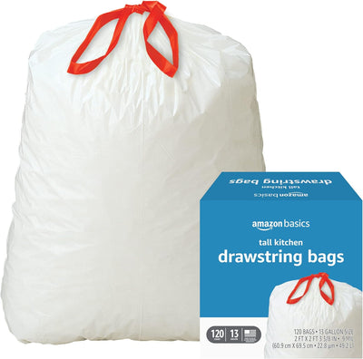 Tall Kitchen Drawstring Trash Bags, 13 Gallon, Unscented, 120 Count (Previously Solimo)
