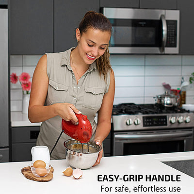 OVENTE Portable 5-Speed Electric Hand Mixer - Stainless Steel Whisk, Compact 150W, Red HM151R