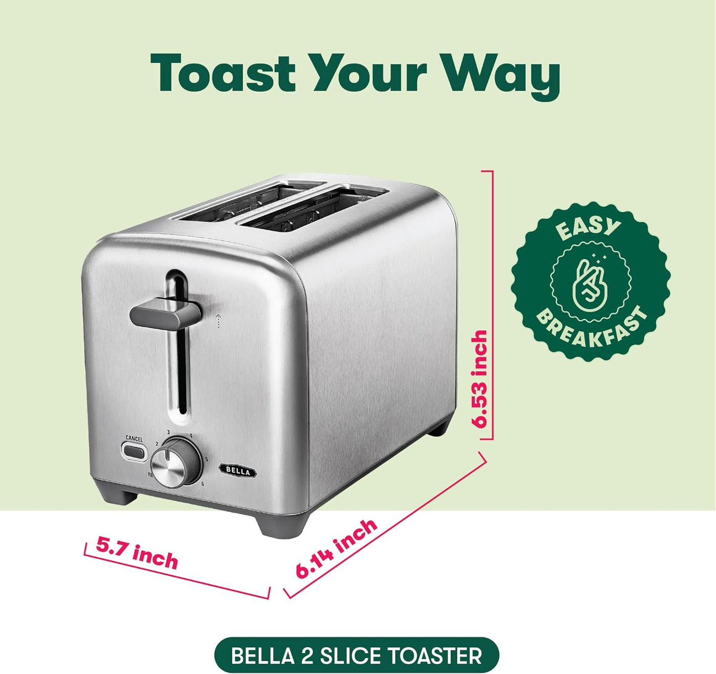 BELLA Stainless Steel 2-Slice Toaster - Wide Slots, 6 Browning Options, Auto Shut Off, Reheat Function