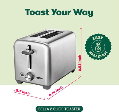 BELLA Stainless Steel 2-Slice Toaster - Wide Slots, 6 Browning Options, Auto Shut Off, Reheat Function