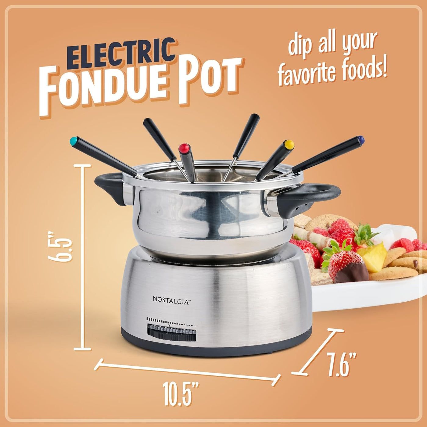 Nostalgia 6-Cup Electric Fondue Pot Set - Cheese & Chocolate, 6 Forks, Adjustable Temperature, Stainless Steel