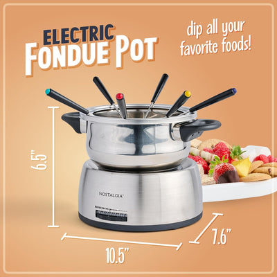 Nostalgia 6-Cup Electric Fondue Pot Set - Cheese & Chocolate, 6 Forks, Adjustable Temperature, Stainless Steel