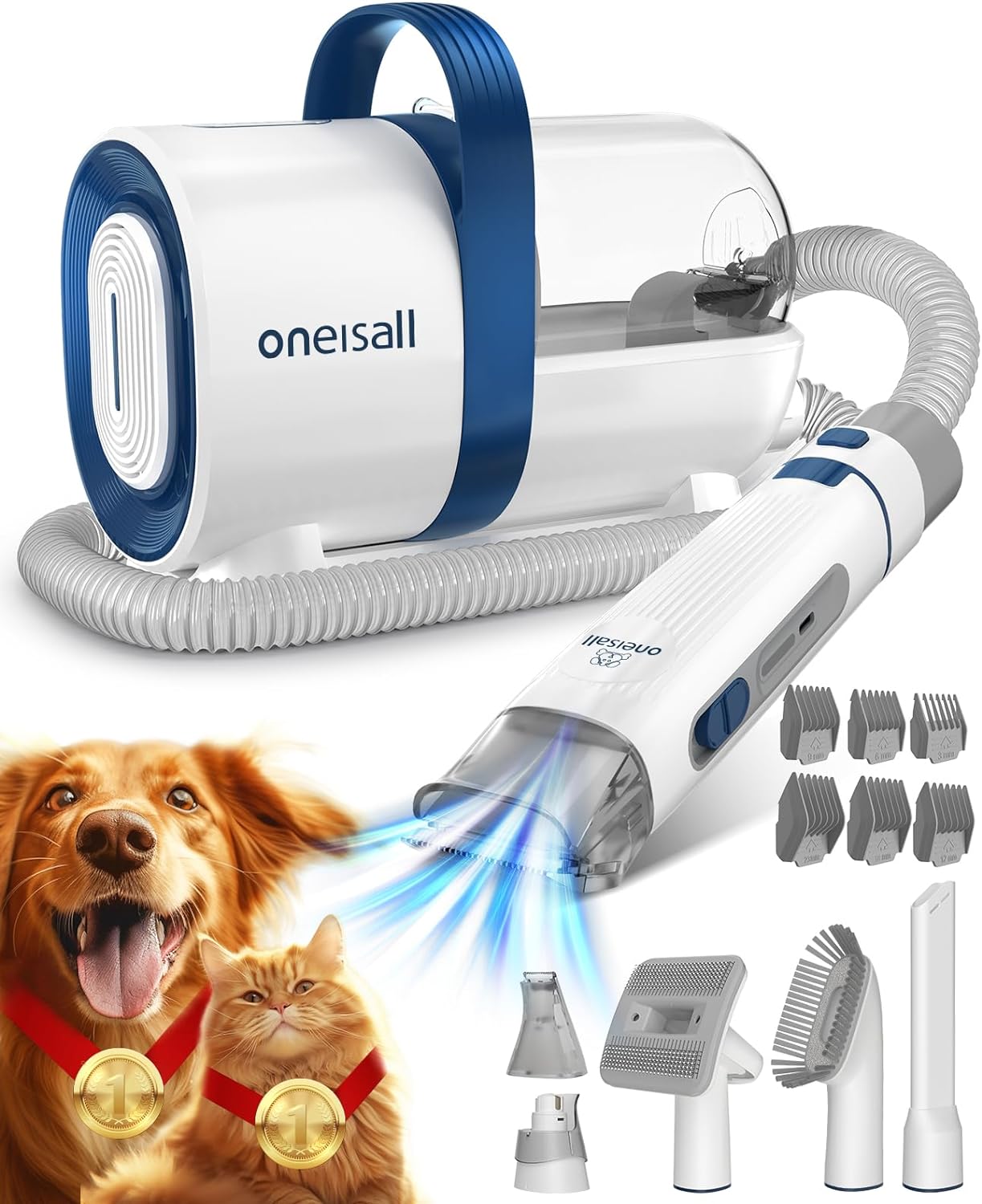 Oneisall Dog Hair Vacuum & Grooming Kit - Pet Clipper, Nail Grinder, 1.5L Dust Cup, 7 Grooming Tools