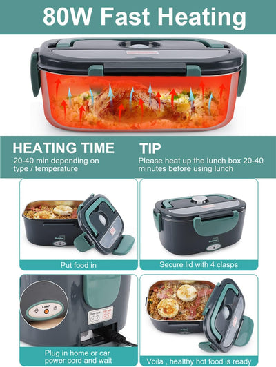 Buddew Electric Lunch Box 80W - Portable Food Heater, Upgraded, Car/Truck/Office, SS Fork & Spoon, Green