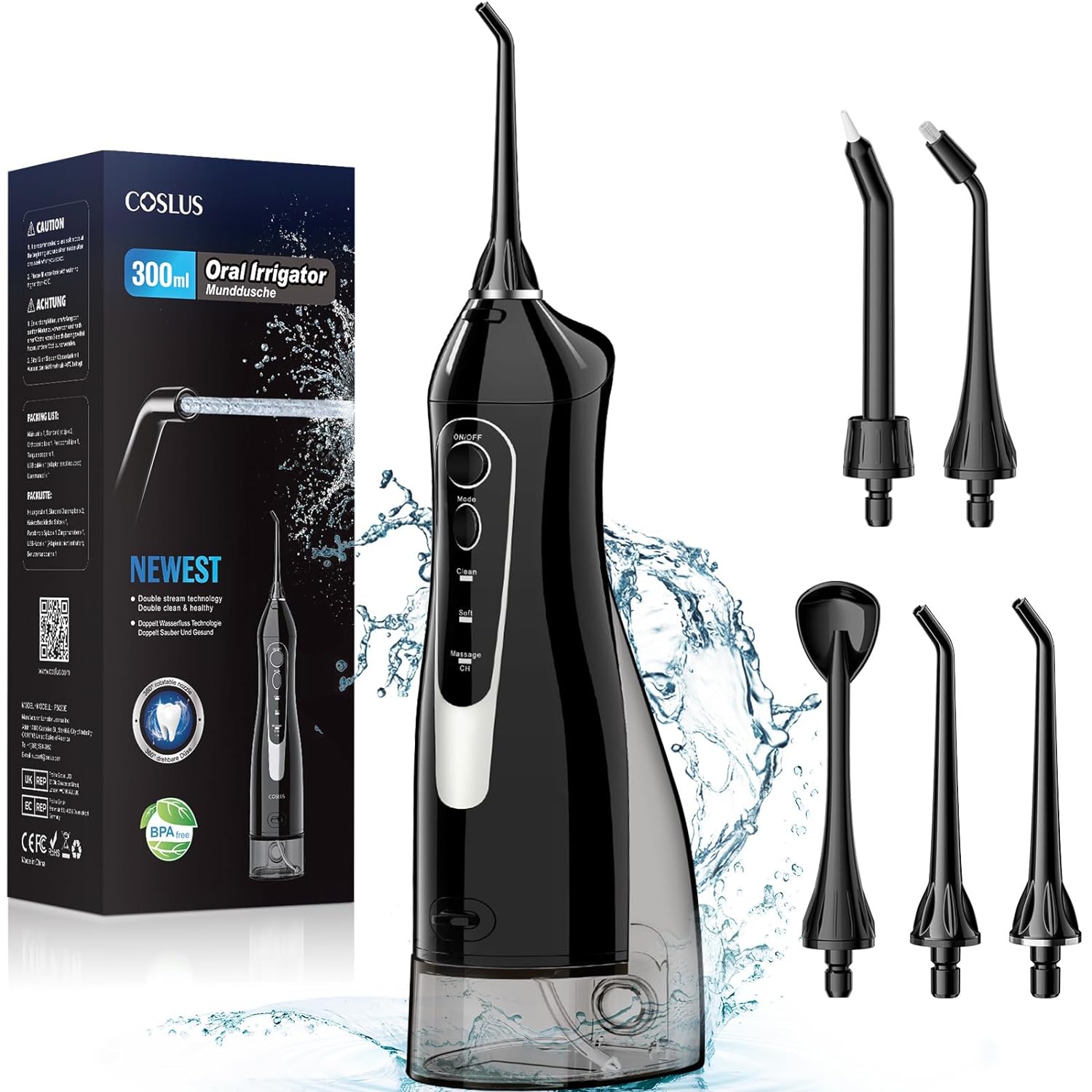 COSLUS Water Dental Flosser Teeth Pick: Portable Cordless Oral Irrigator 300ML Rechargeable Travel Irrigation Cleaner IPX7 Waterproof Electric Water Flosser Flossing Machine for Teeth Cleaning F5020E