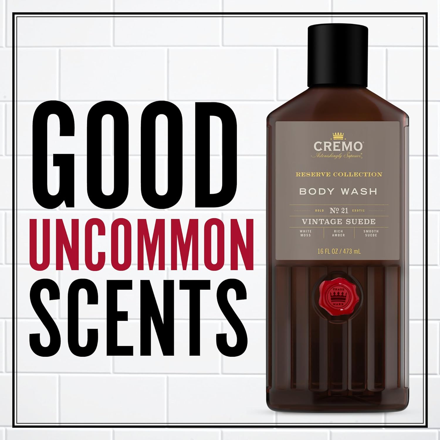 Cremo Vintage Suede Body Wash for Men - Rich-Lathering Formula with White Moss & Amber Notes - 16 Fl Oz