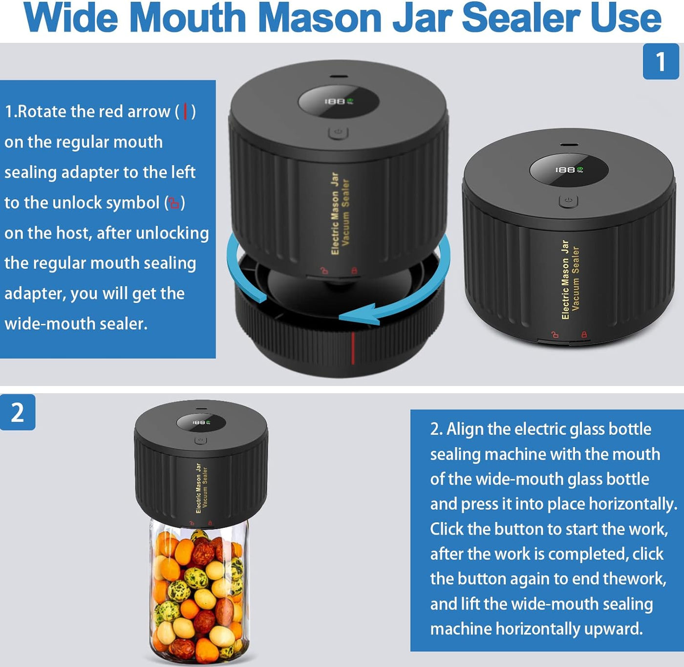 Electric Mason Jar Vacuum Sealer Kit - Wide & Regular Mouth