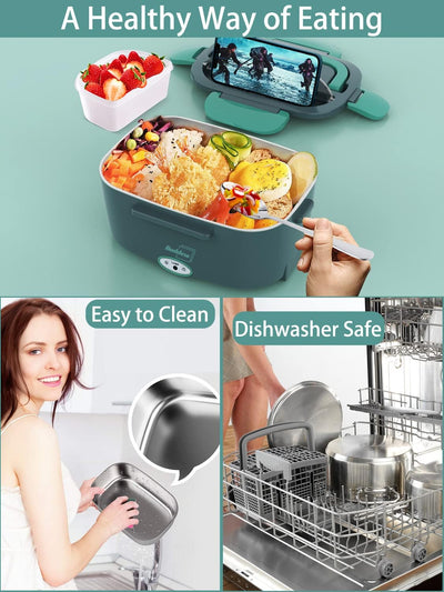Buddew Electric Lunch Box 80W - Portable Food Heater, Upgraded, Car/Truck/Office, SS Fork & Spoon, Green