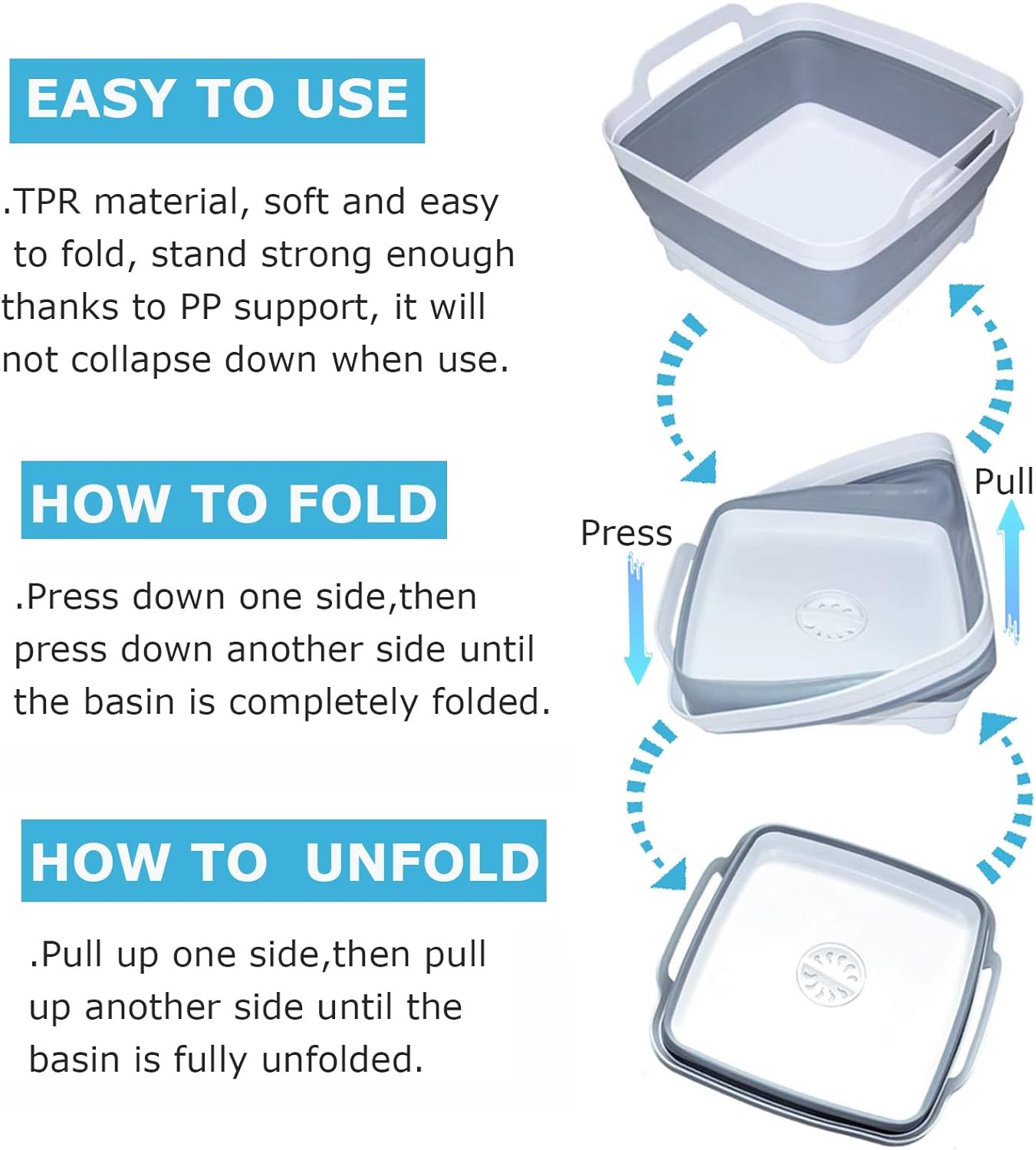 Collapsible Dishpan 9L  - Portable Wash Basin for Kitchen, Camping, Gray
