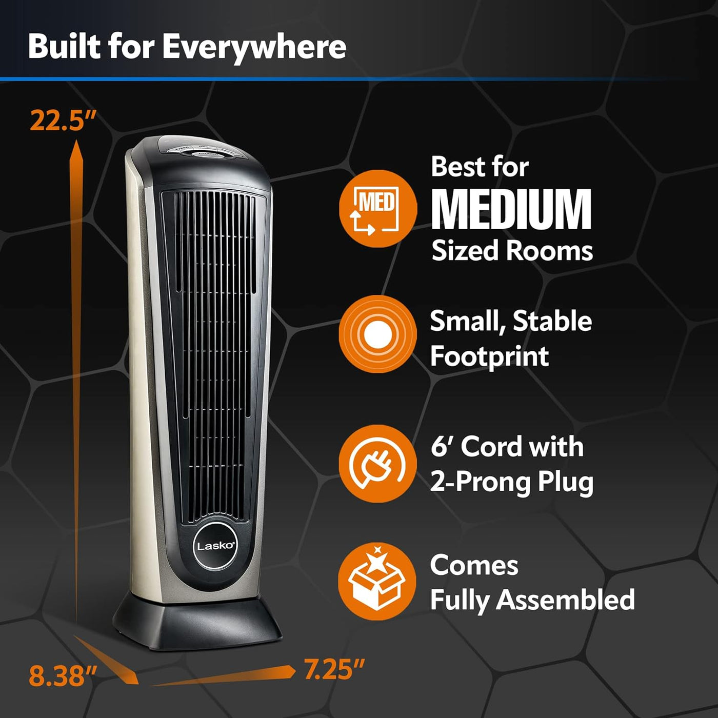 Lasko Oscillating Ceramic Tower Space Heater for Home , 22.5 Inches, Grey/Black, 1500W, 751320