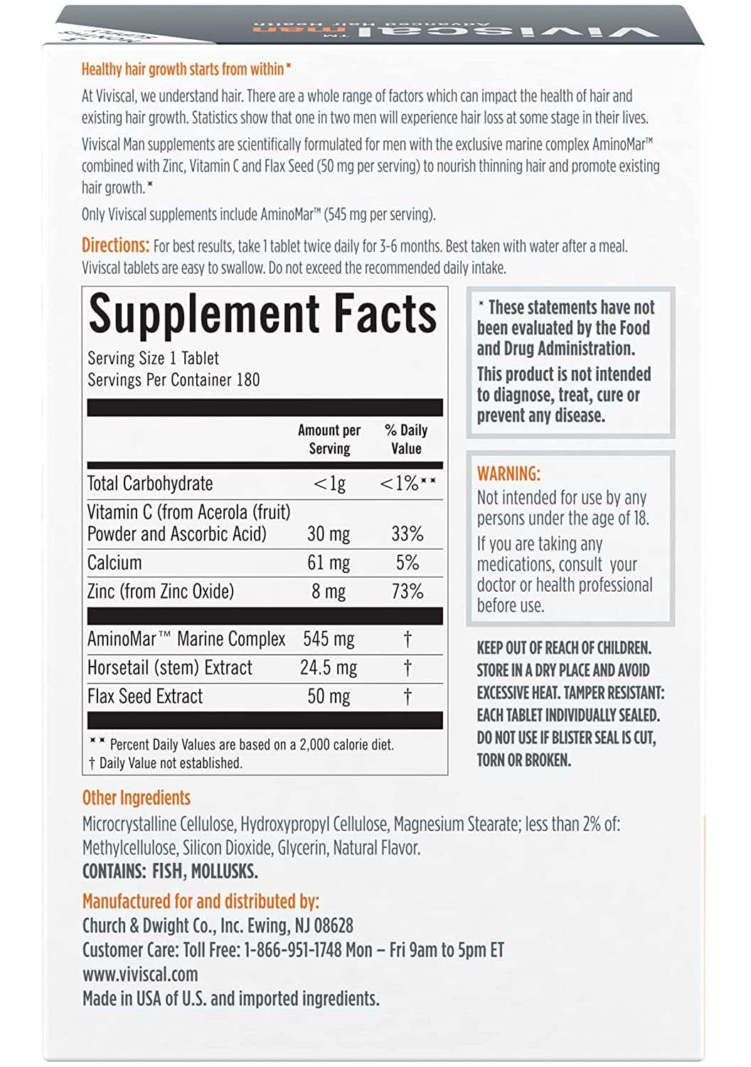 Viviscal Men's Hair Growth Supplements - Clinically Proven, Collagen Complex, 180 Tablets - 3 Month Supply