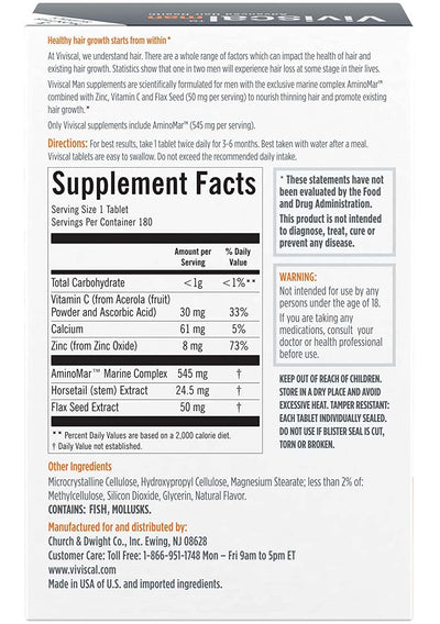 Viviscal Men's Hair Growth Supplements - Clinically Proven, Collagen Complex, 180 Tablets - 3 Month Supply