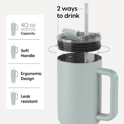 O'JAY Insulated 40oz Tumbler with Handle and Straw Lid - 100% Leak-Proof - Cupholder Friendly Travel Mug - Stainless Steel Insulated Tumbler with lid and straw - Gifts for Women Men Him Her