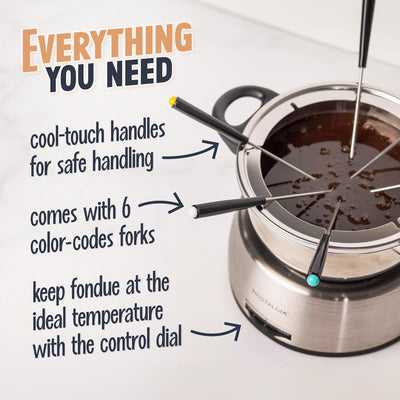 Nostalgia 6-Cup Electric Fondue Pot Set - Cheese & Chocolate, 6 Forks, Adjustable Temperature, Stainless Steel