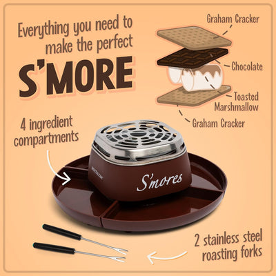 Nostalgia Tabletop Electric S'mores Maker - Roasting Sticks, 4 Trays, Movie Night Kit, Brown