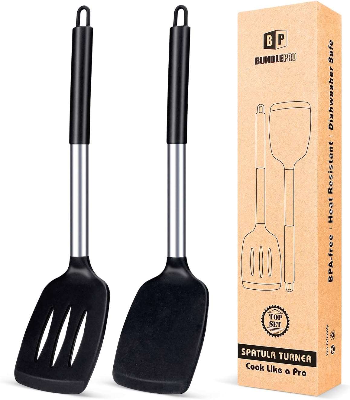 2-Pack Silicone Solid Turner - Non-Stick Slotted Spatulas, High Heat Resistant, BPA-Free, Ideal for Cooking