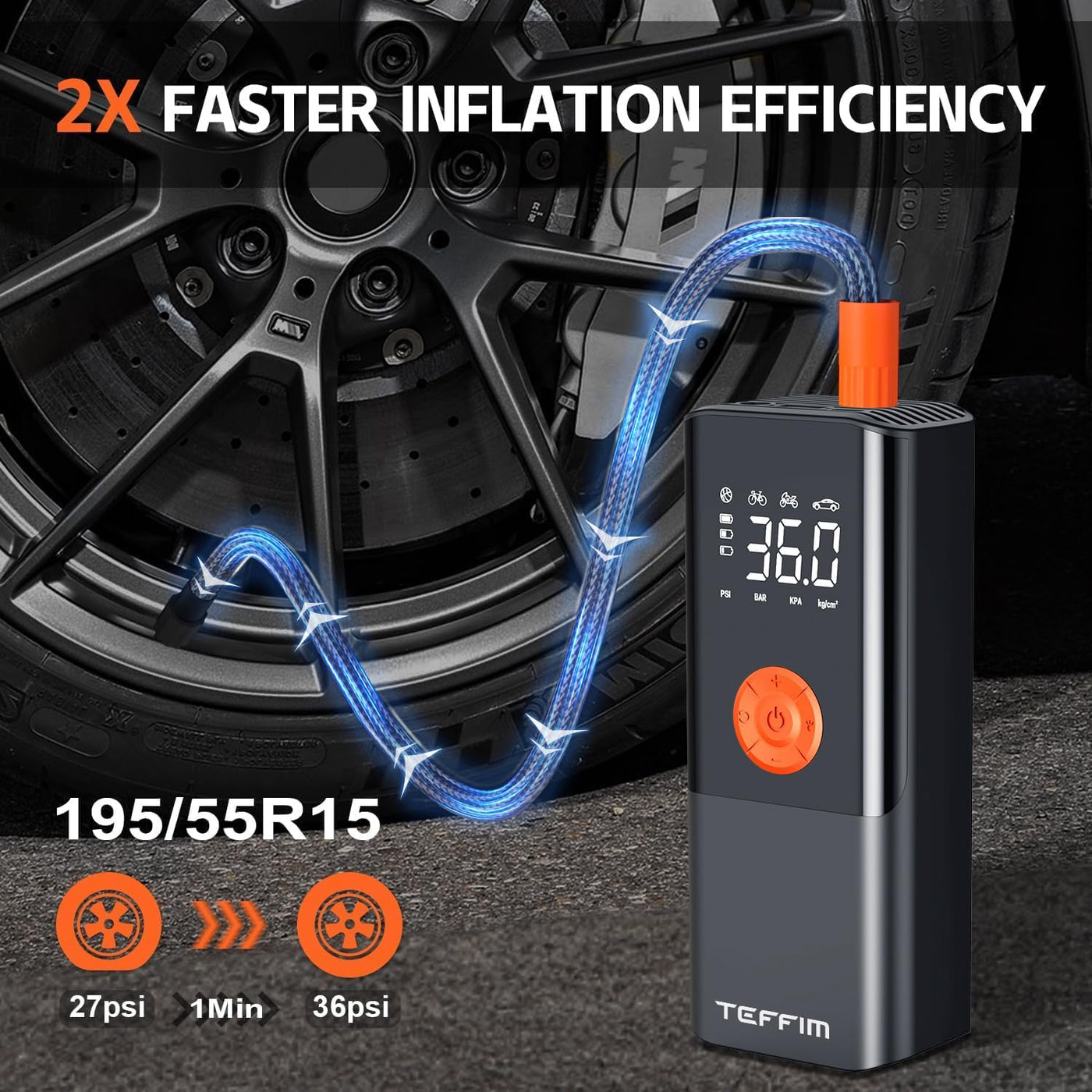 Portable Tire Inflator - Digital Pressure Gauge, 150 PSI, LED Light