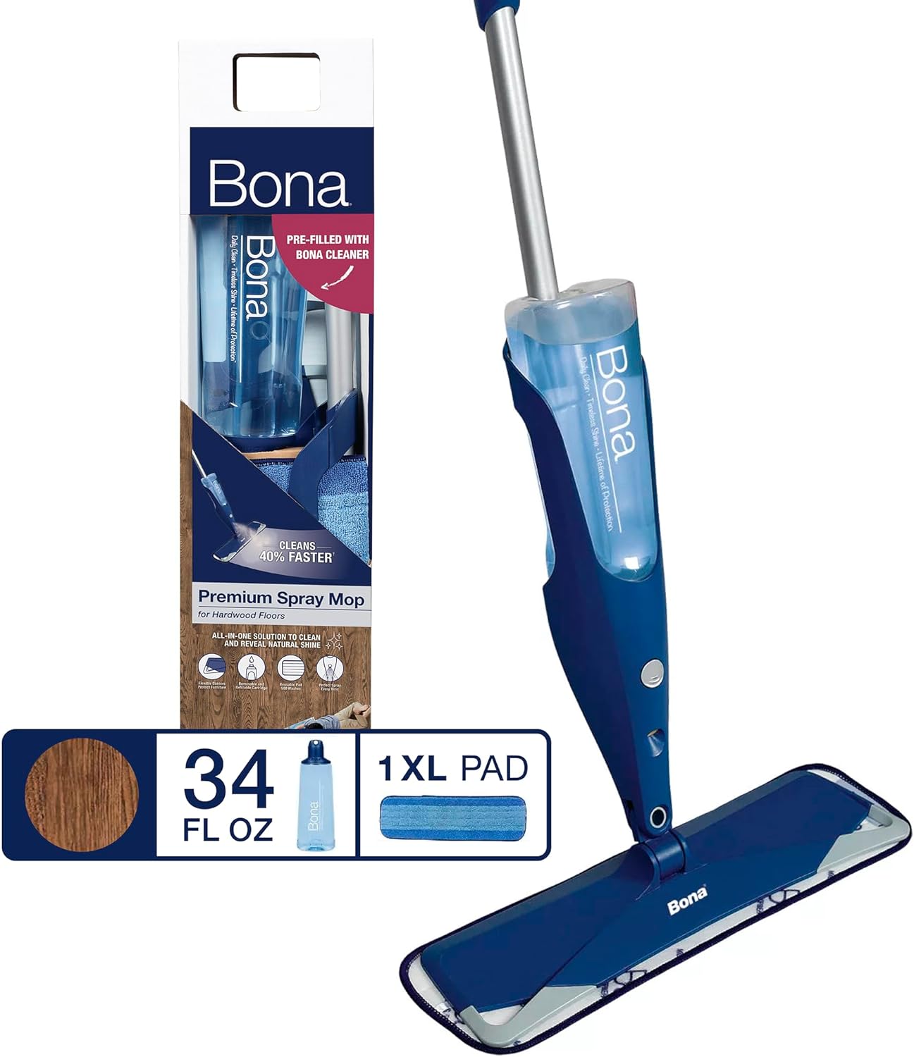 Bona Premium Hardwood Floor Spray Mop - Includes Cleaning Solution & Microfiber Pad - Dual Zone Cleaning