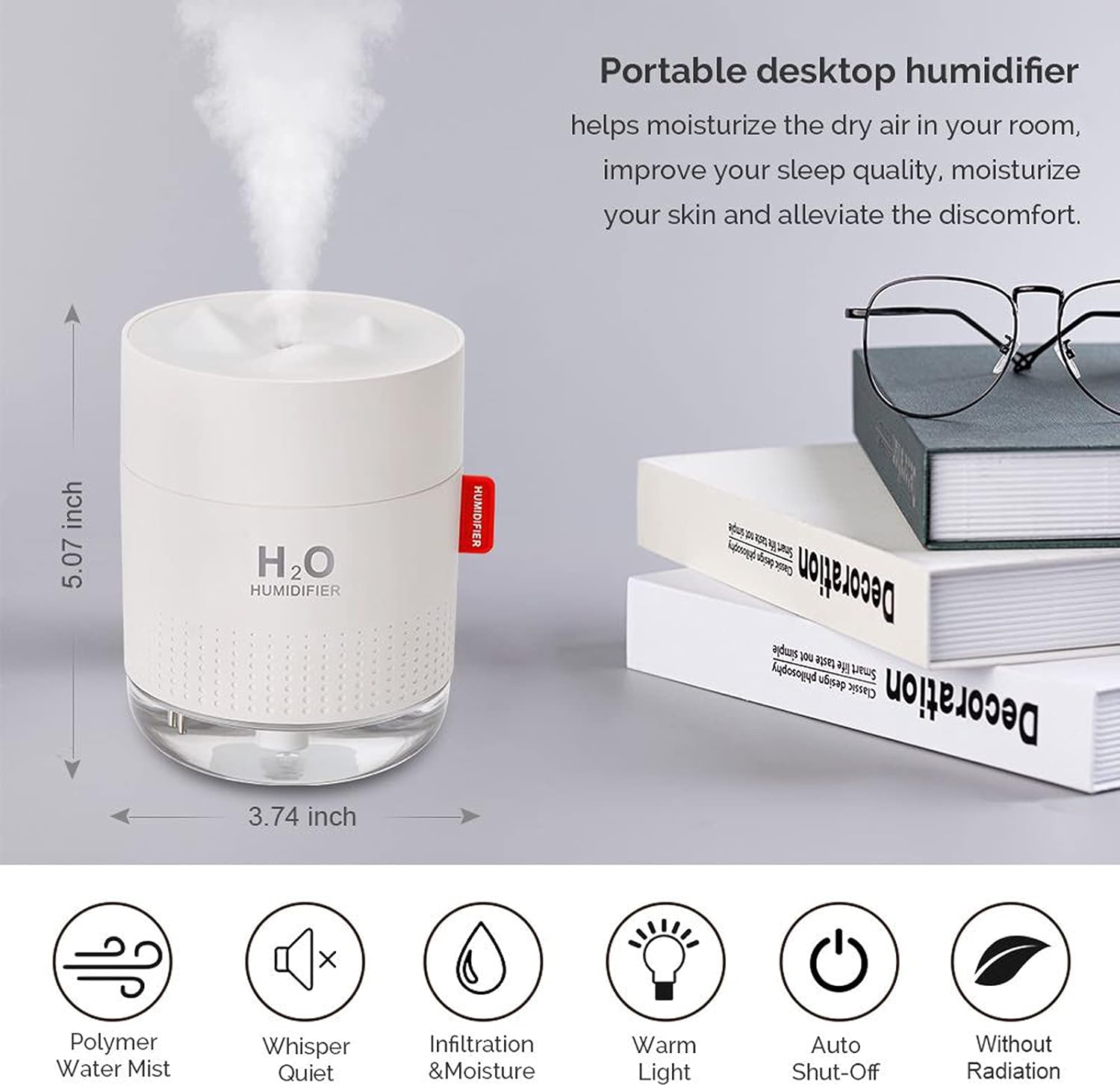 Portable Mini Humidifier - 500ml Cool Mist, USB, Auto Shut-Off, 2 Mist Modes, Super Quiet, White