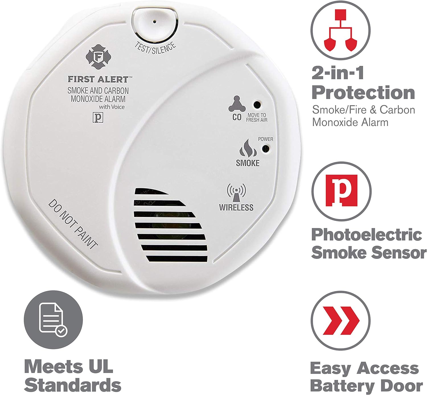 First Alert Powered Alarm SCO5CN Combination Smoke and Carbon Monoxide Detector, Battery Operated, 1 Pack, White