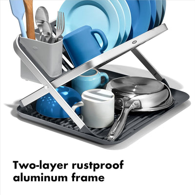 OXO Good Grips 2-Tier Aluminum Dish Drying Rack - Collapsible, with Drainboard