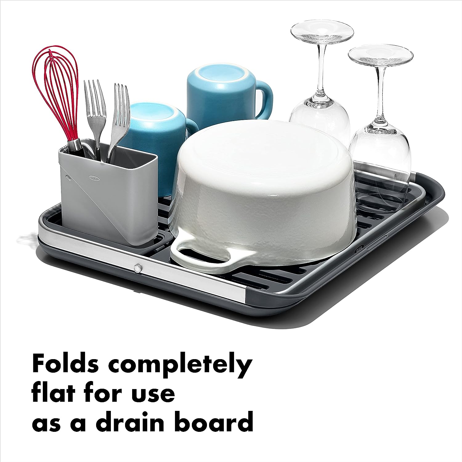 OXO Good Grips 2-Tier Aluminum Dish Drying Rack - Collapsible, with Drainboard