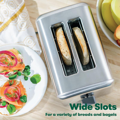 BELLA Stainless Steel 2-Slice Toaster - Wide Slots, 6 Browning Options, Auto Shut Off, Reheat Function