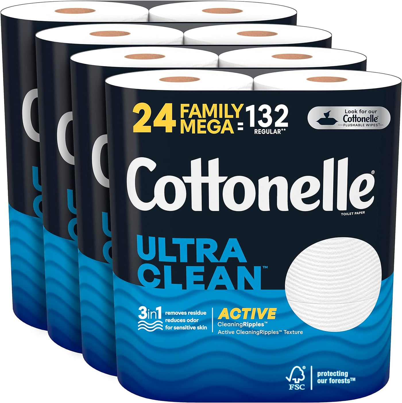Cottonelle Ultra Clean Toilet Paper, 1-Ply, 24 Mega Rolls (132 Regular Rolls), 388 Sheets per Roll, Packaging May Vary