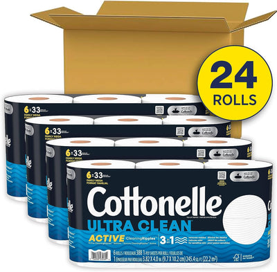 Cottonelle Ultra Clean Toilet Paper, 1-Ply, 24 Mega Rolls (132 Regular Rolls), 388 Sheets per Roll, Packaging May Vary