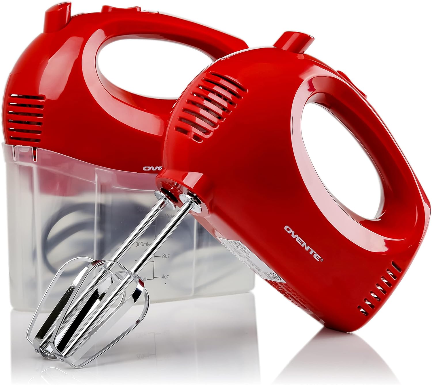 OVENTE Portable 5-Speed Electric Hand Mixer - Stainless Steel Whisk, Compact 150W, Red HM151R