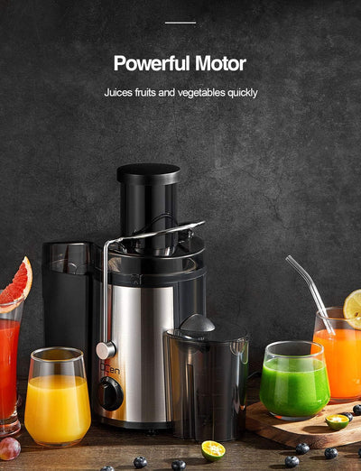 Qcen 500W Centrifugal Juicer - Wide Mouth, Easy to Clean, Stainless Steel, BPA-free (Black)