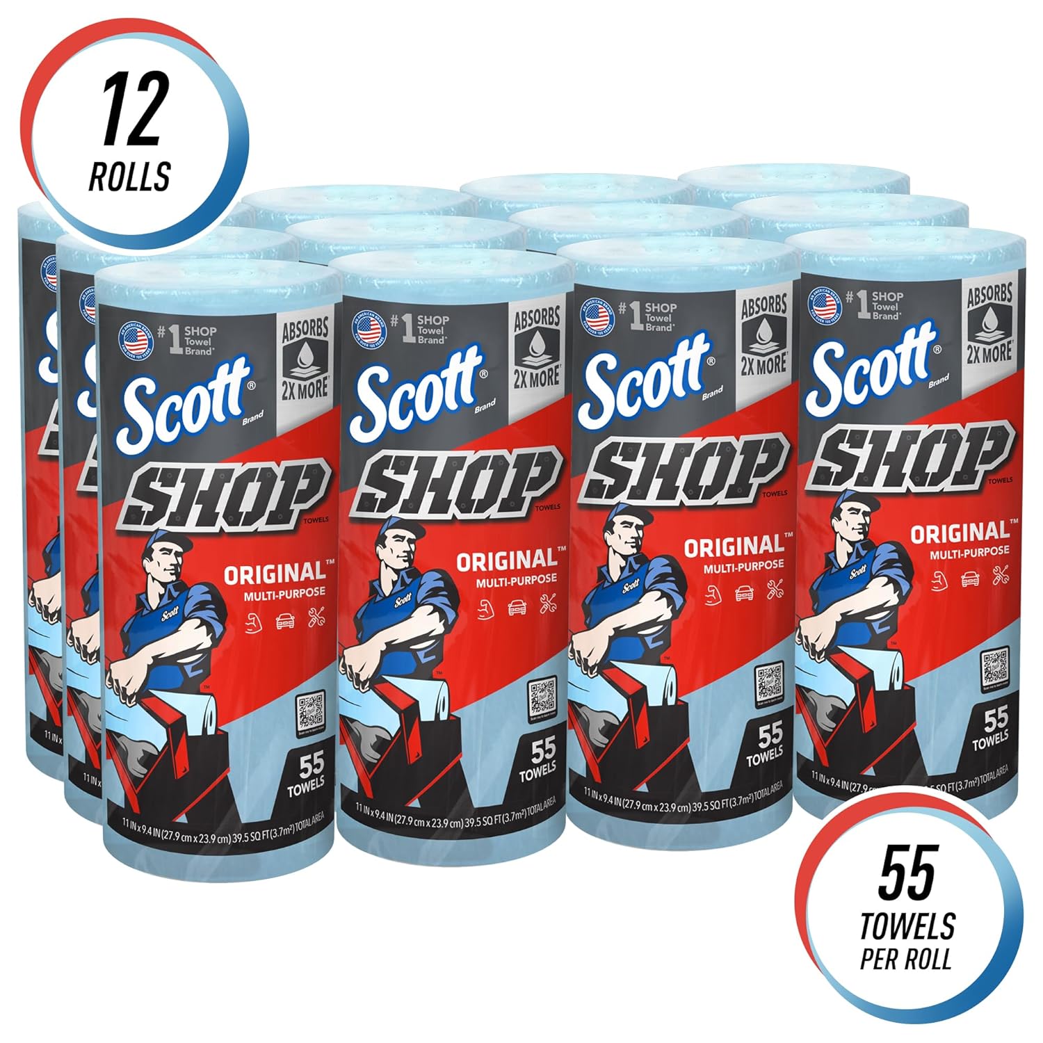 Scott® Shop Towels Original (75147), Blue, (55 Towels/Roll, 12 Rolls/Case, 660 Towels/Case)